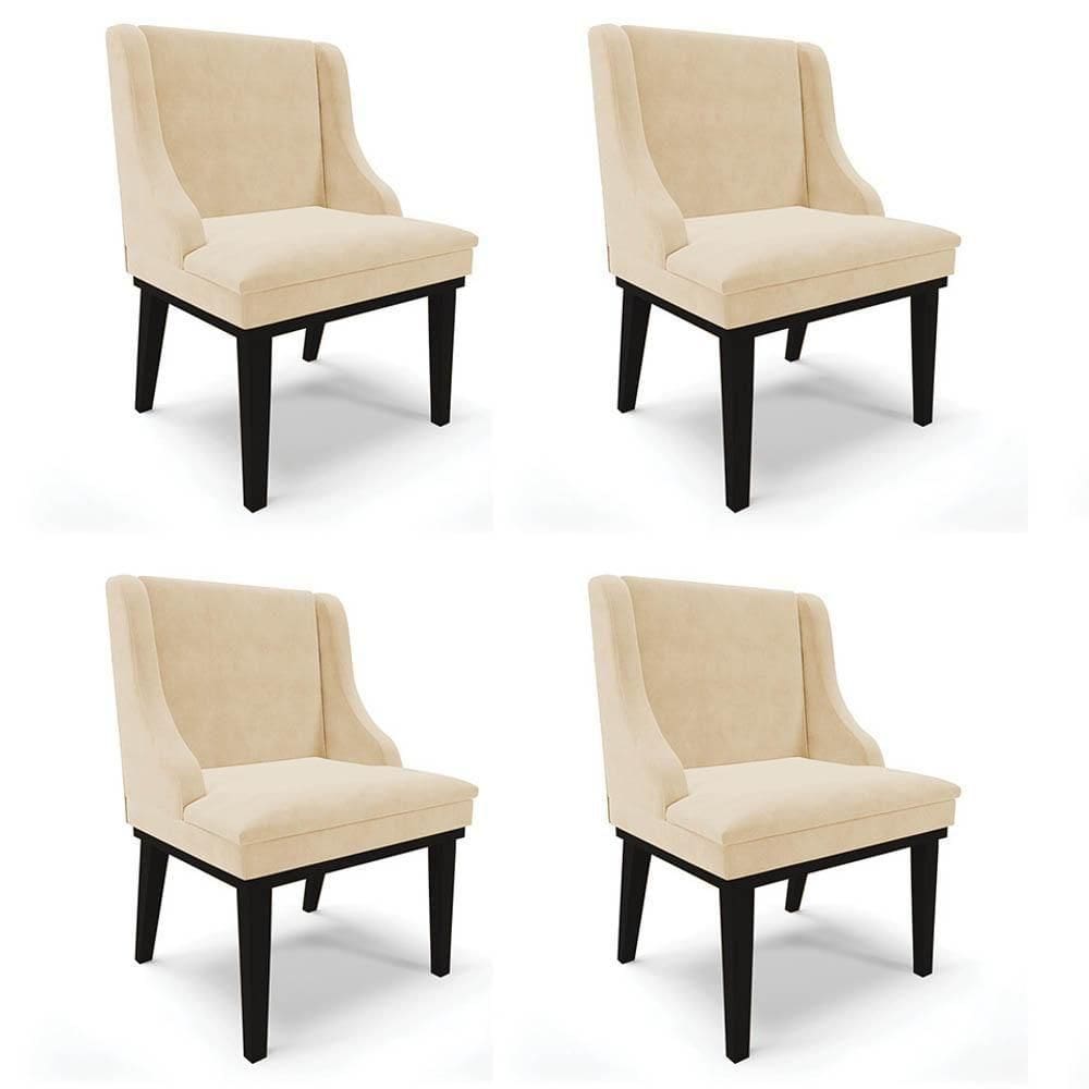 Kit 4 Cadeiras Estofadas Para Sala De Jantar Base Fixa De Madeira Preto Lia Suede Bege - Ibiza