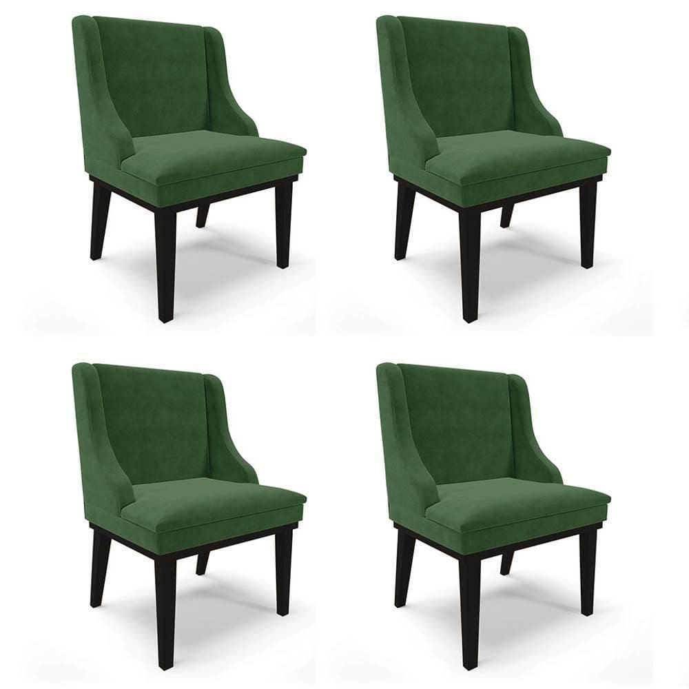 Kit 4 Cadeiras Estofadas Para Sala De Jantar Base Fixa De Madeira Preto Lia Suede Verde - Ibiza