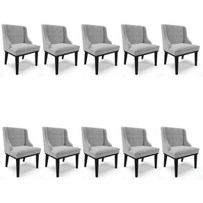 Kit 10 Cadeiras Estofadas Para Sala De Jantar Base Fixa De Madeira Preto Lia Suede Cinza - Ibiza