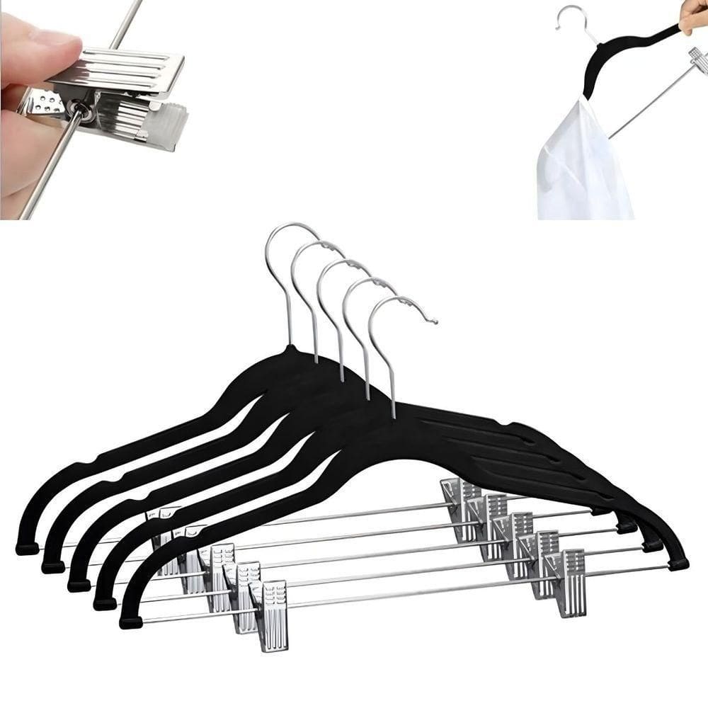 Kit 5 Cabides Slim De Veludo Preto Com 10 Presilhas - Organização E Elegância