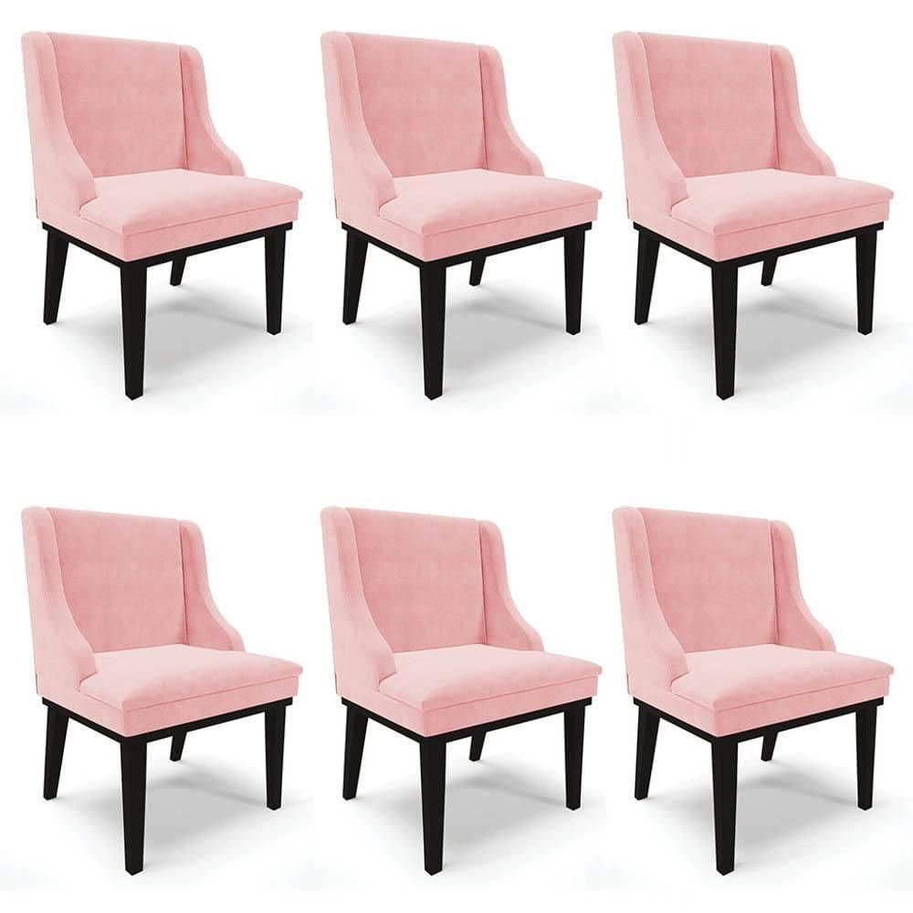 Kit 6 Cadeiras Estofadas Para Sala De Jantar Base Fixa De Madeira Preto Lia Suede Rosa Bebê - Ibiza