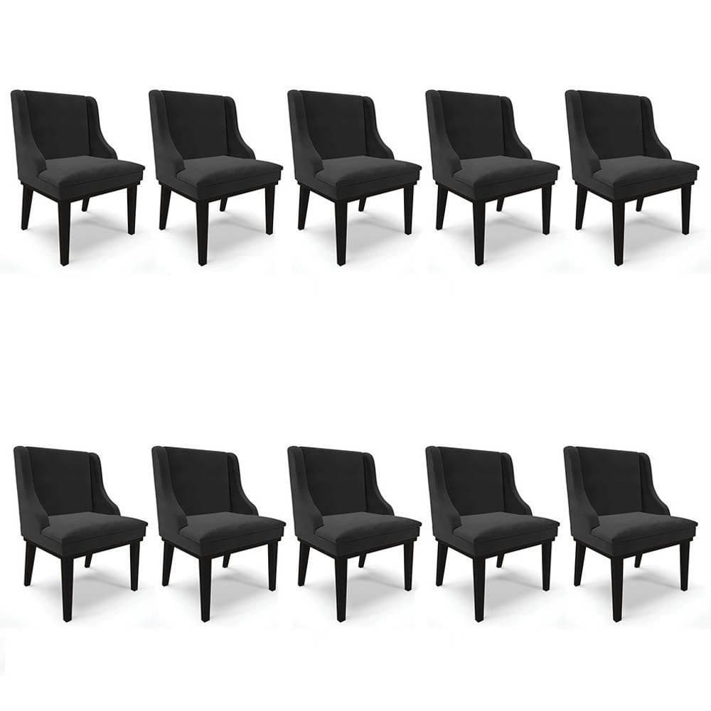 Kit 10 Cadeiras Estofadas Para Sala De Jantar Base Fixa De Madeira Preto Lia Veludo Preto - Ibiza