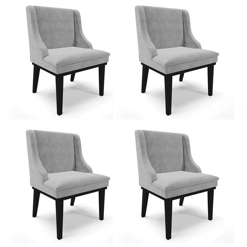 Kit 4 Cadeiras Estofadas Para Sala De Jantar Base Fixa De Madeira Preto Lia Suede Cinza - Ibiza
