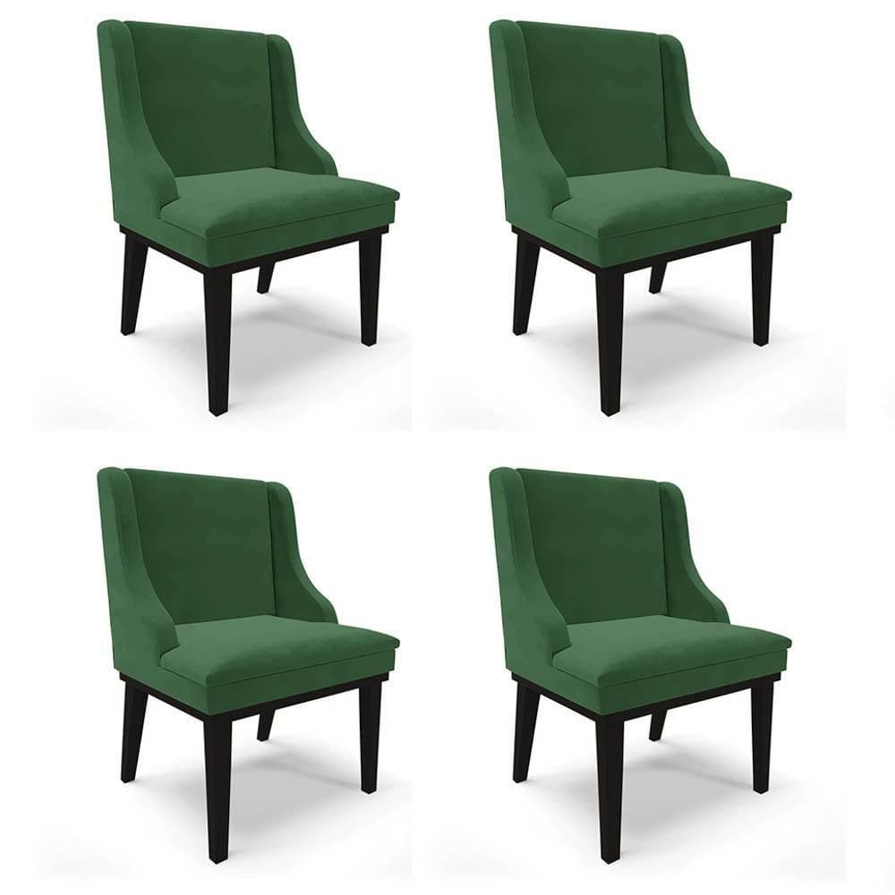 Kit 4 Cadeiras Estofadas Para Sala De Jantar Base Fixa De Madeira Preto Lia Veludo Verde - Ibiza