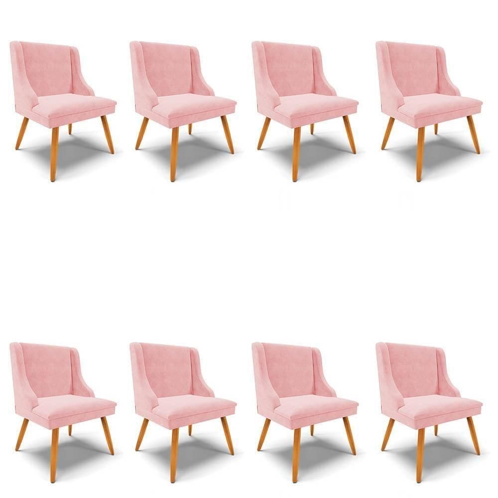 Kit 8 Cadeiras Estofadas Para Sala De Jantar Pés Palito Lia Suede Rosa Bebê - Ibiza
