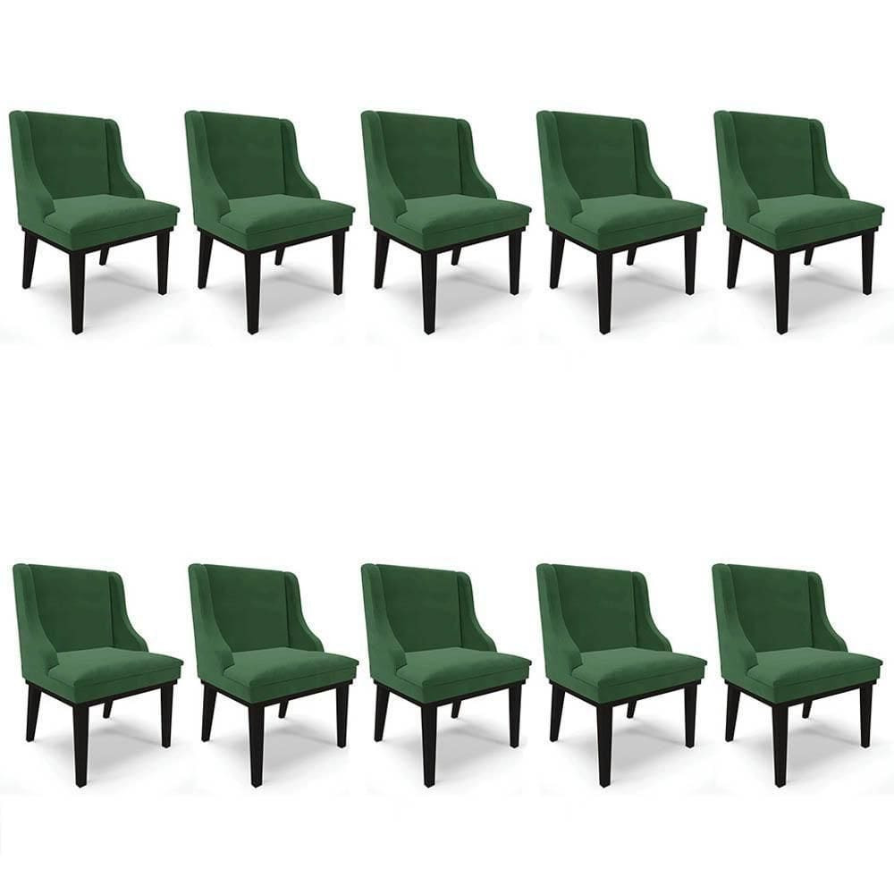 Kit 10 Cadeiras Estofadas Para Sala De Jantar Base Fixa De Madeira Preto Lia Veludo Verde - Ibiza