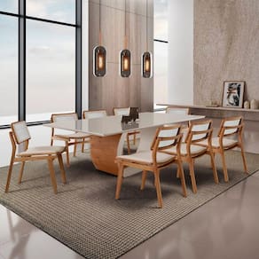 Sala De Jantar Mesa Ellis Com 8 Cadeiras Eva Premium Linho Off White Imbuia Nat