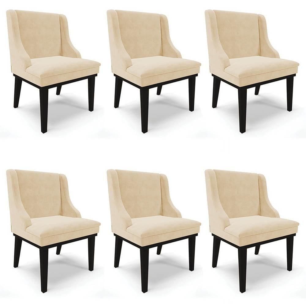 Kit 6 Cadeiras Estofadas Para Sala De Jantar Base Fixa De Madeira Preto Lia Suede Bege - Ibiza