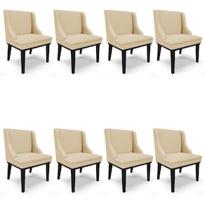 Kit 8 Cadeiras Estofadas Para Sala De Jantar Base Fixa De Madeira Preto Lia Veludo Luxo Off White - Ibiza