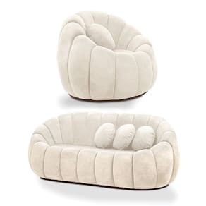 Sofá 2 Lugares com Poltrona Giratória Orgânica Cloud Bouclê Bege E03 - D`Rossi