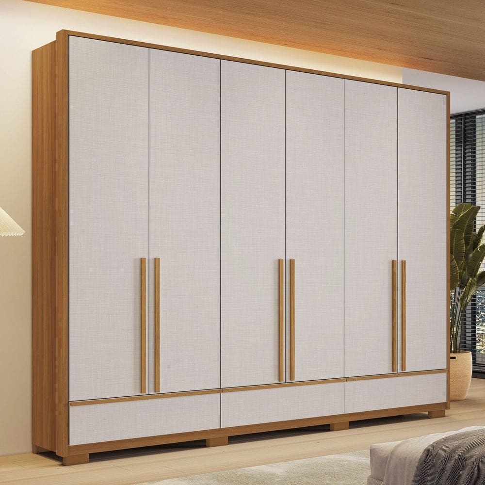 Guarda-Roupa 100% MDF com 6 Portas e 3 Gavetas 2025 Freijó /Off White