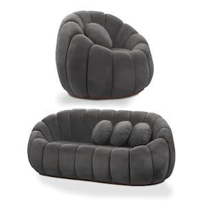 Sofá 2 Lugares com Poltrona Giratória Orgânica Cloud Bouclê Cinza Escuro E03 - D`Rossi