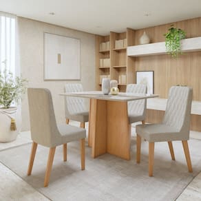 Conjunto Sala de Jantar Tampo MDF com 4 Cadeiras Amêndoa Clean/Off White/Bege