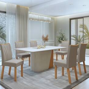 Conjunto Luar 170cm Tampo em MDF com 6 Cadeiras Apogeu Amêndoa Clean/Off White/Naturale Creme