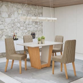 Conjunto de Mesa e 4 Cadeiras Tampo MDF com Vidro Luar Amêndoa Clean/Off White/Bege