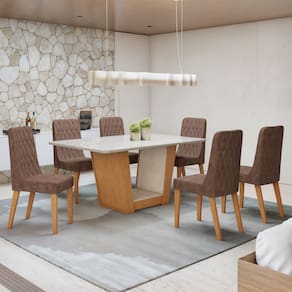 Conjunto Apogeu 170cm Tampo MDF com Vidro e 6 Cadeiras Luar Amêndoa Clean/Off White/Morano Avelâ