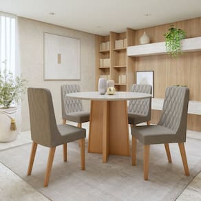 Conjunto Celebrare 100cm tampo Redondo em MDF com Vidro e 4 Cadeiras Luar Amêndoa Clean/Off White/Veludo Liso Capuccino