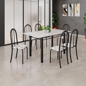 Conjunto de Mesa Tubular 140cm X 75cm Tampo em Vidro com 6 Cadeiras Iris B Preto