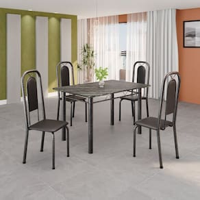 Conjunto de Mesa Tubular 120cm X 75cm Tampo Ardósia Indiano com 4 Cadeiras Lara Preto Liso / Mart Prata