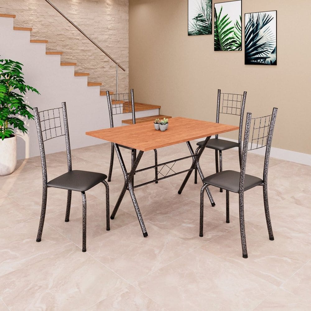 Conjunto de Mesa Tampo em MDF com 4 Cadeiras Dany Preto/Prata/Cinamomo