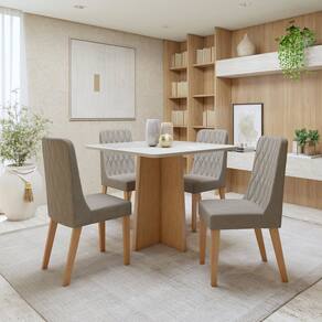 Conjunto Sala de Jantar Tampo MDF com 4 Cadeiras Amêndoa Clean/Off White/Capuccino