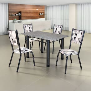 Conjunto Sala de Jantar Mesa Retangular 4 Cadeiras Ametista Branco/Preto /Prata