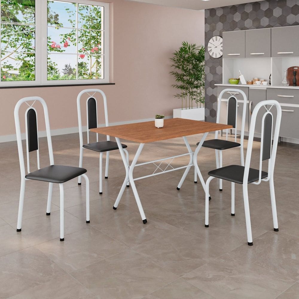 Conjunto de Mesa Tubular 100cm x 60cm Tampo em MDF com 4 Cadeiras Lívia Preto Liso/Branco