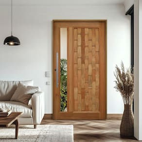 Porta Pivotante Couro em Pé com Visor Batente 14 Puxador Barra Chata 80 CM 120 X 210 Direito Rodam Natural