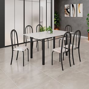 Conjunto de Mesa Tubular 140cm X 75cm Tampo em Vidro com 6 Cadeiras Iris B Botanic Bege/Preto