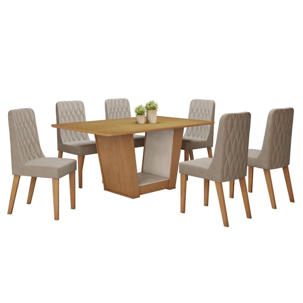 Conjunto Sala de Jantar 170cm com 6 Cadeiras Off White/Amêndoa Clean/Creme