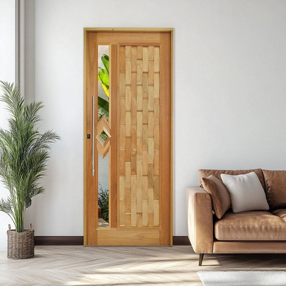 Porta Couro em Pé Losango Batente 14 Puxador Tubo 80 CM 92 X 210 Direito Rodam Natural