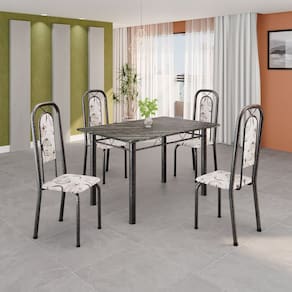 Conjunto de Mesa Tubular 120cm X 75cm Tampo Ardósia Indiano com 4 Cadeiras Lara Arabesco / Mart Prata