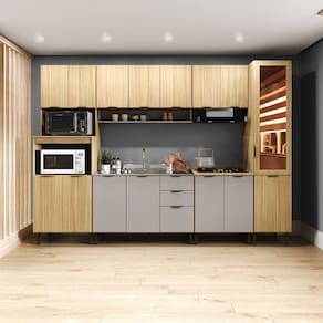 Cozinha Modulada 100% MDF 6 Peças 16 Portas 2 Gavetas 2 Balcão 2 Aéreo Paneleiro Ibiza Louro Freijó/Cinza