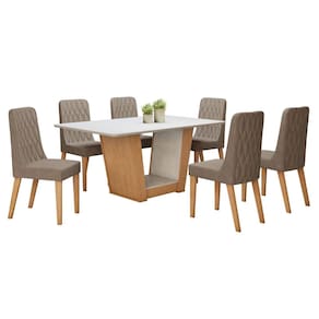 Conjunto Sala de Jantar 170cm Tampo MDF com 6 Cadeiras Amêndoa Clean/Off White/Bege
