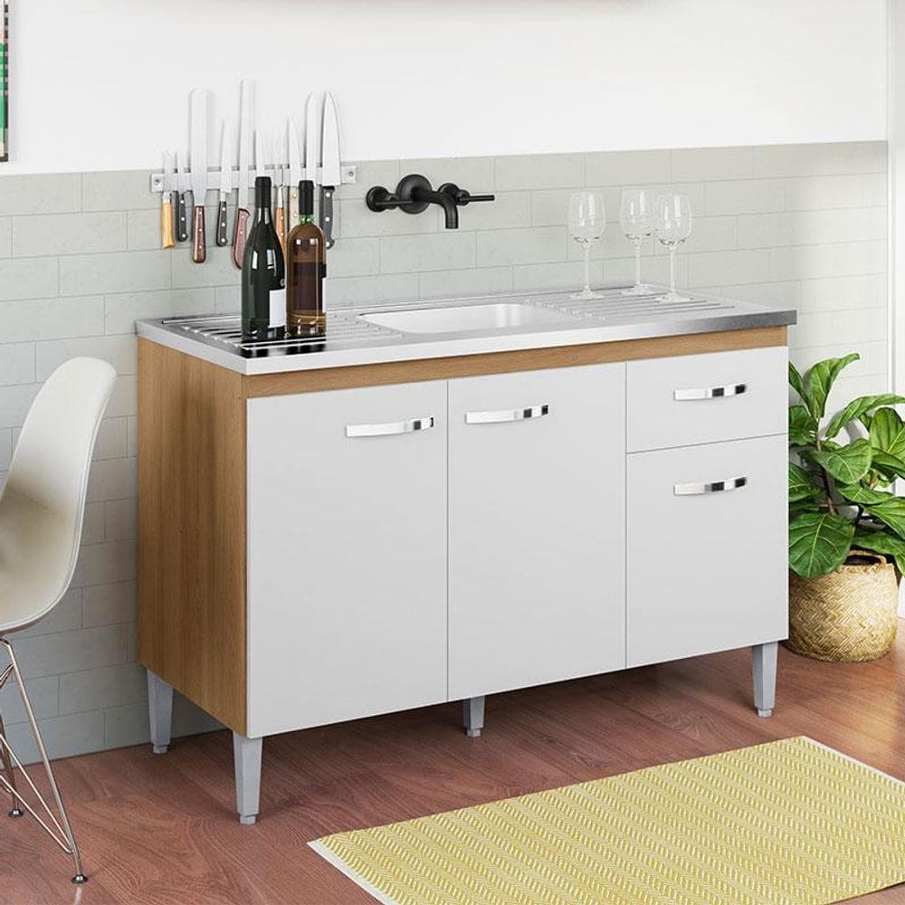 Balcão de Pia Ambiente Gabriela 120cm Amêndoa Branco - AJL