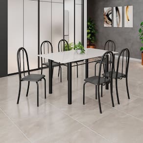 Conjunto de Mesa Tubular 140cm X 75cm Tampo em Vidro com 6 Cadeiras Iris B Preto Liso