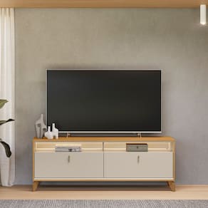 Rack Dubai para TV 70 Polegadas com LED Pés em Madeira Maciça TAUARI/OFF WHITE FOSCO