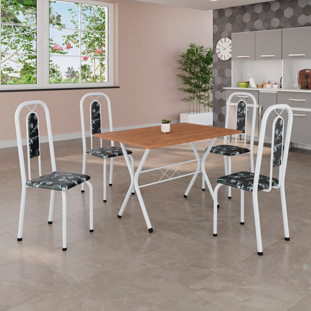 Conjunto de Mesa Tubular 100cm x 60cm Tampo em MDF com 4 Cadeiras Lívia Preto/Branco