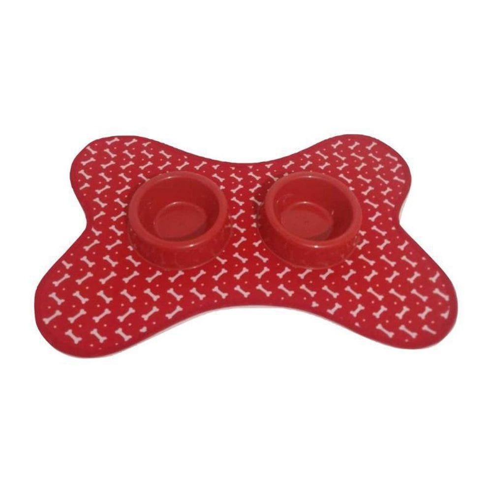 Kit Tapete Comedouro/Bebedouro Vermelho Estampa De Ossinhos