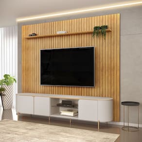 Painel Trento com Bancada Ariana para TV até 75 Polegadas Off White Cedro DJ Móveis