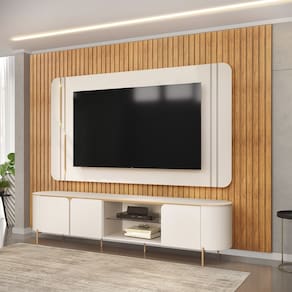 Painel Ripado Trento + Bancada e Painel Ariana para TV até 75 Polegadas Off White Cedro DJ Móveis