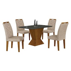 Mesa de Jantar Larissa 120x80 Freijó Chumbo com 4 Cadeiras MDF Freijó Linho Palha - Leifer Móveis