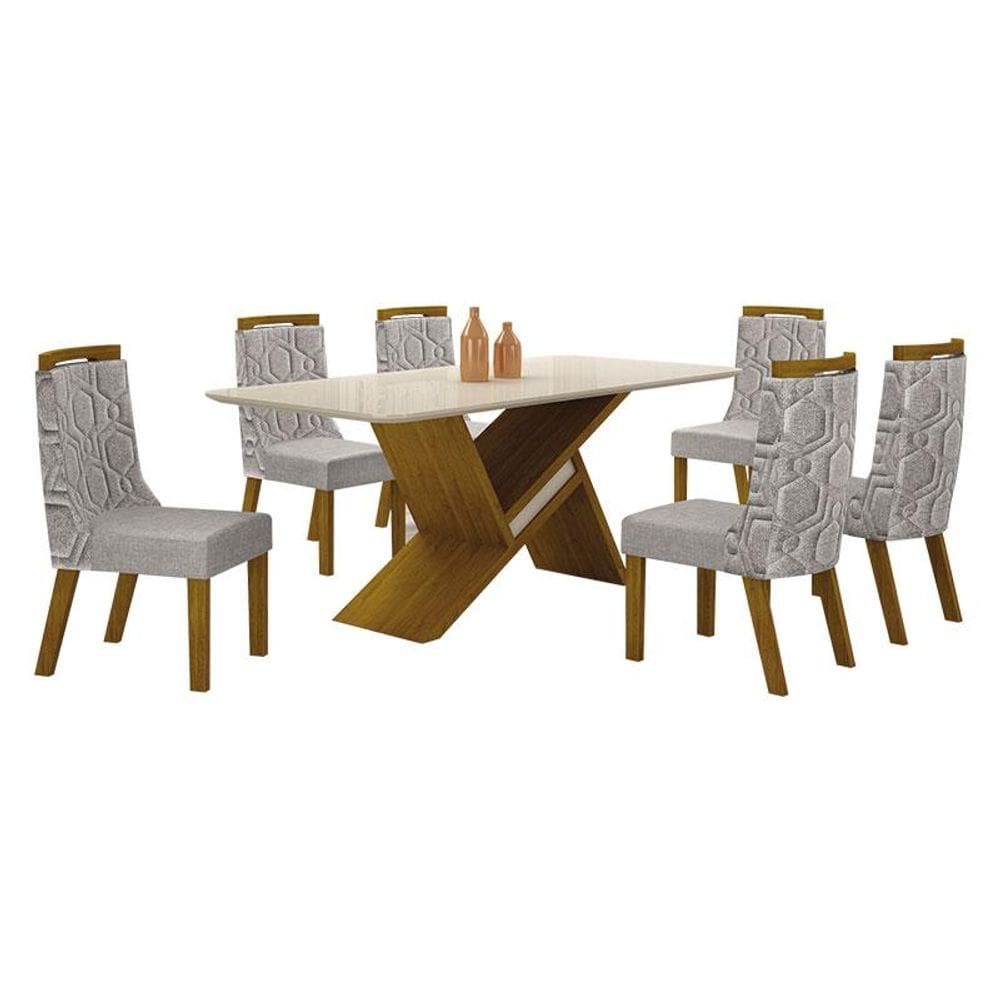 Mesa de Jantar Ágata 180x90 Freijó Off White com 6 Cadeiras MDF Freijó Linho Cinza - Leifer Móveis
