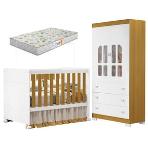 Berço Americano e Guarda Roupa Infantil Katatau Branco Acetinado Savana com Colchão Gazin – Reller