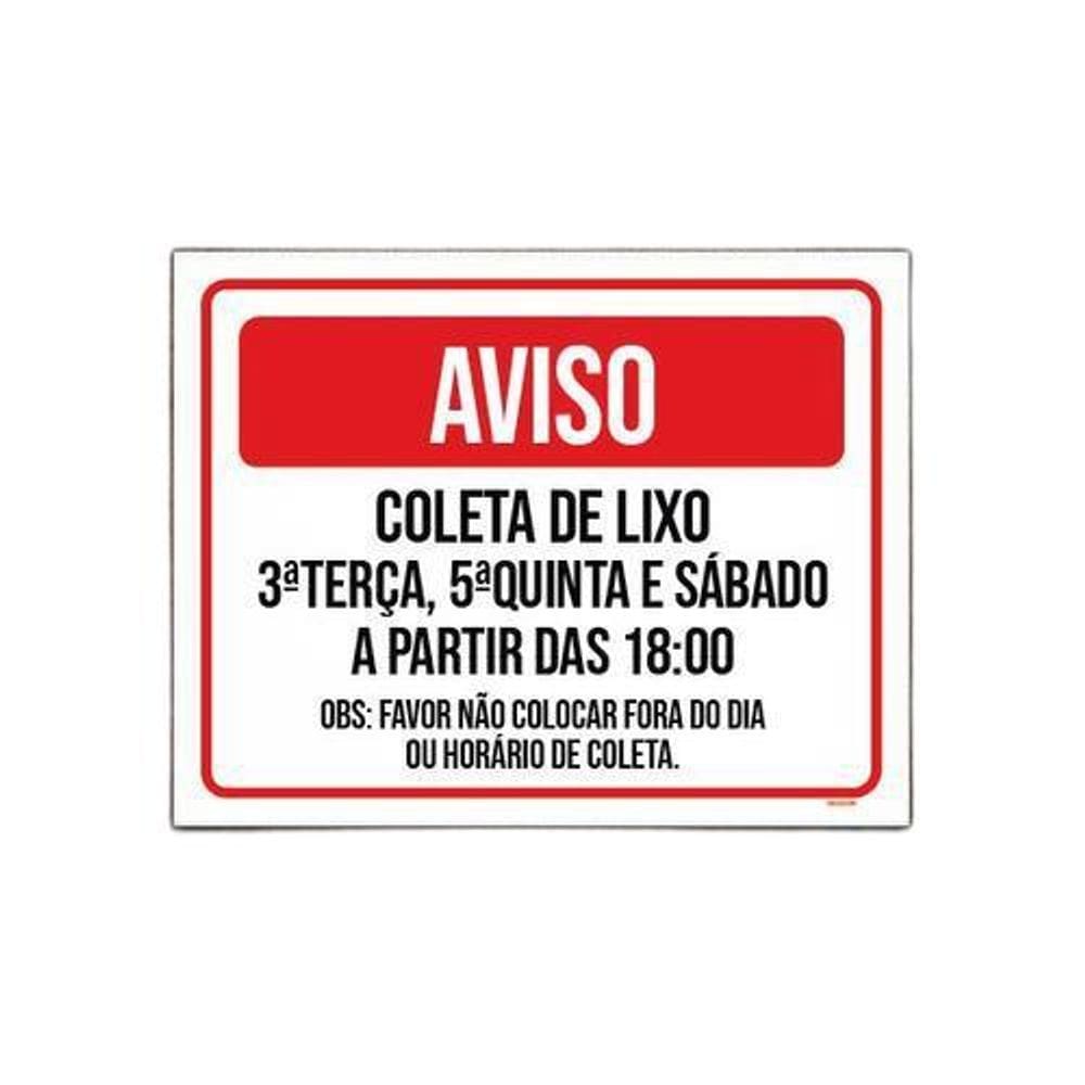 Placa Sinalização - Aviso Coleta De Lixo 27X35