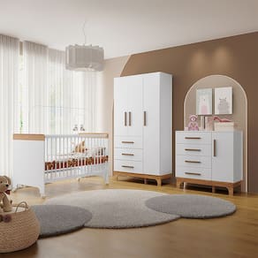 Kit Quarto Infantil Completo Guarda-roupas Cômoda e Berço Doçura Branco/savana