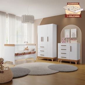 Kit Quarto Infantil Completo Guarda-roupas Cômoda e Berço Doçura com Colchão Branco/savana