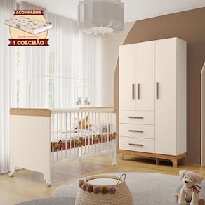 Kit Quarto Infantil Guarda-roupas e Berço Doçura com Colchão Off-white/savana