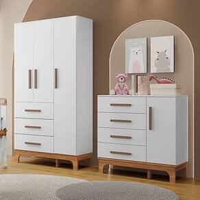 Kit Quarto Infantil Guarda-roupas e Cômoda Doçura Branco/savana