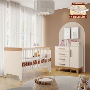Kit Quarto Infantil Cômoda e Berço Doçura com Colchão Off-white/savana